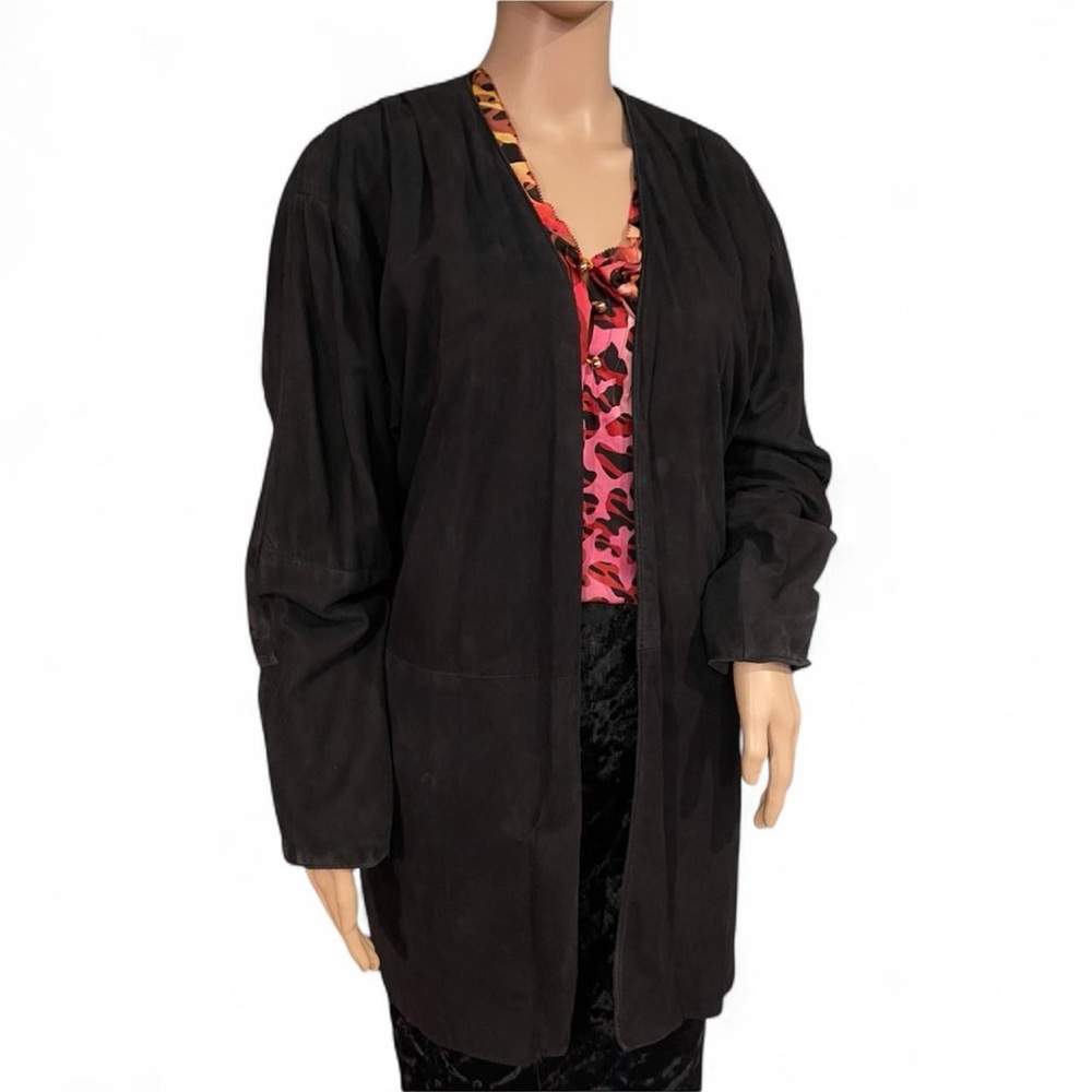 Lanna Black Suede Long Coat Size S Open Front Classic Minimalist